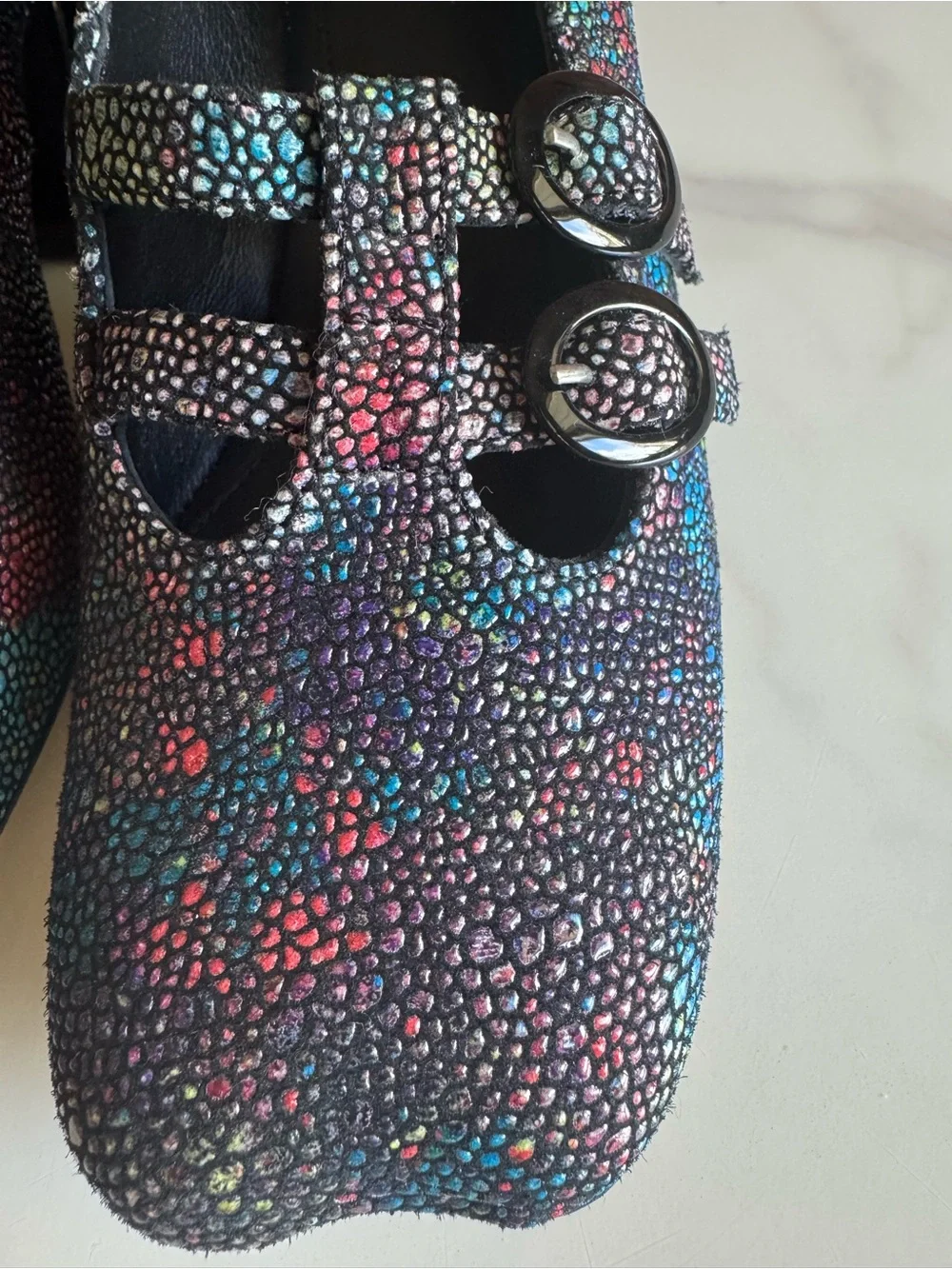 John Fluevog Prowess Hayls Multicolor Leather T-Strap Heels 6.5